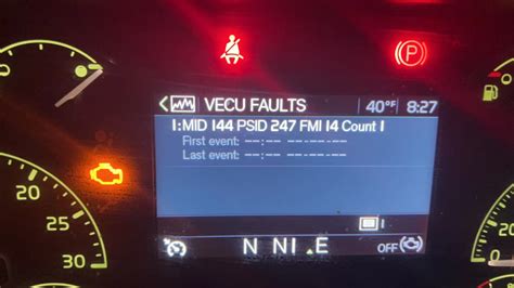 vecu faults : mid 144 psid 247 fmi count 1 -indicates a fault in the engine brake stalk lever. fmi 14 means the the fault is above normal or out of range. under hood: hood safety cable broken: interior sleeper: rear wall, right corner has black marks on upholstery: refrigerator: needs cleanng: seats: drivers cushion fabric stretched: rear cab